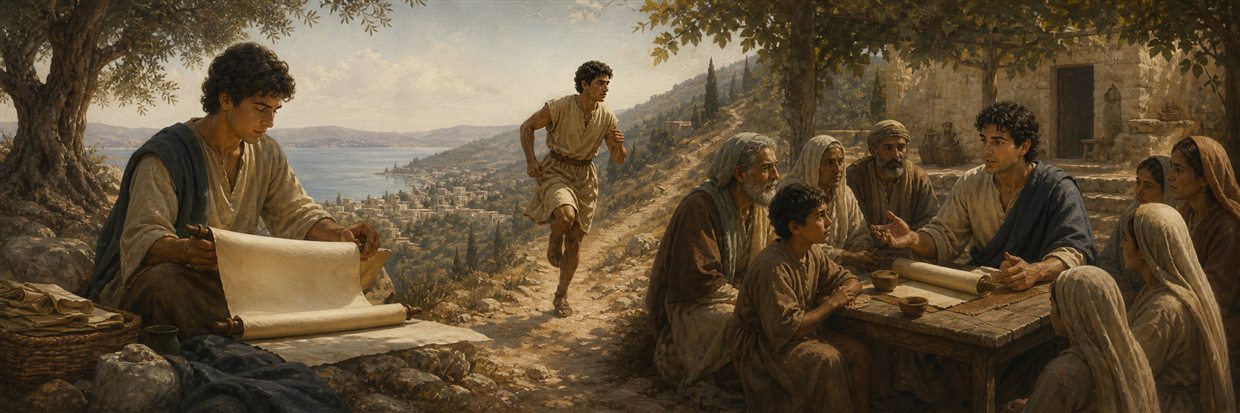 Timothy studying a blank scroll, training on a hillside path, and teaching an intergenerational gathering